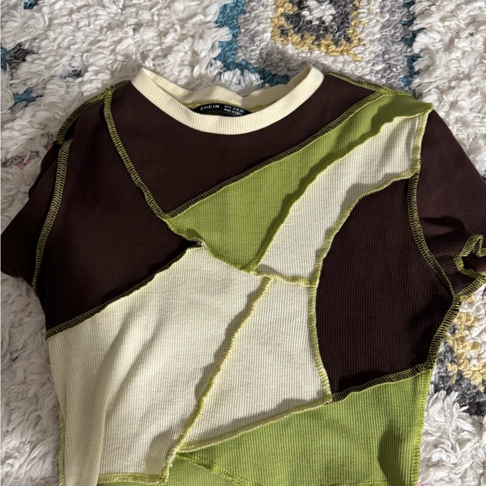 Trendy Patchwork Tee - Brown and Green